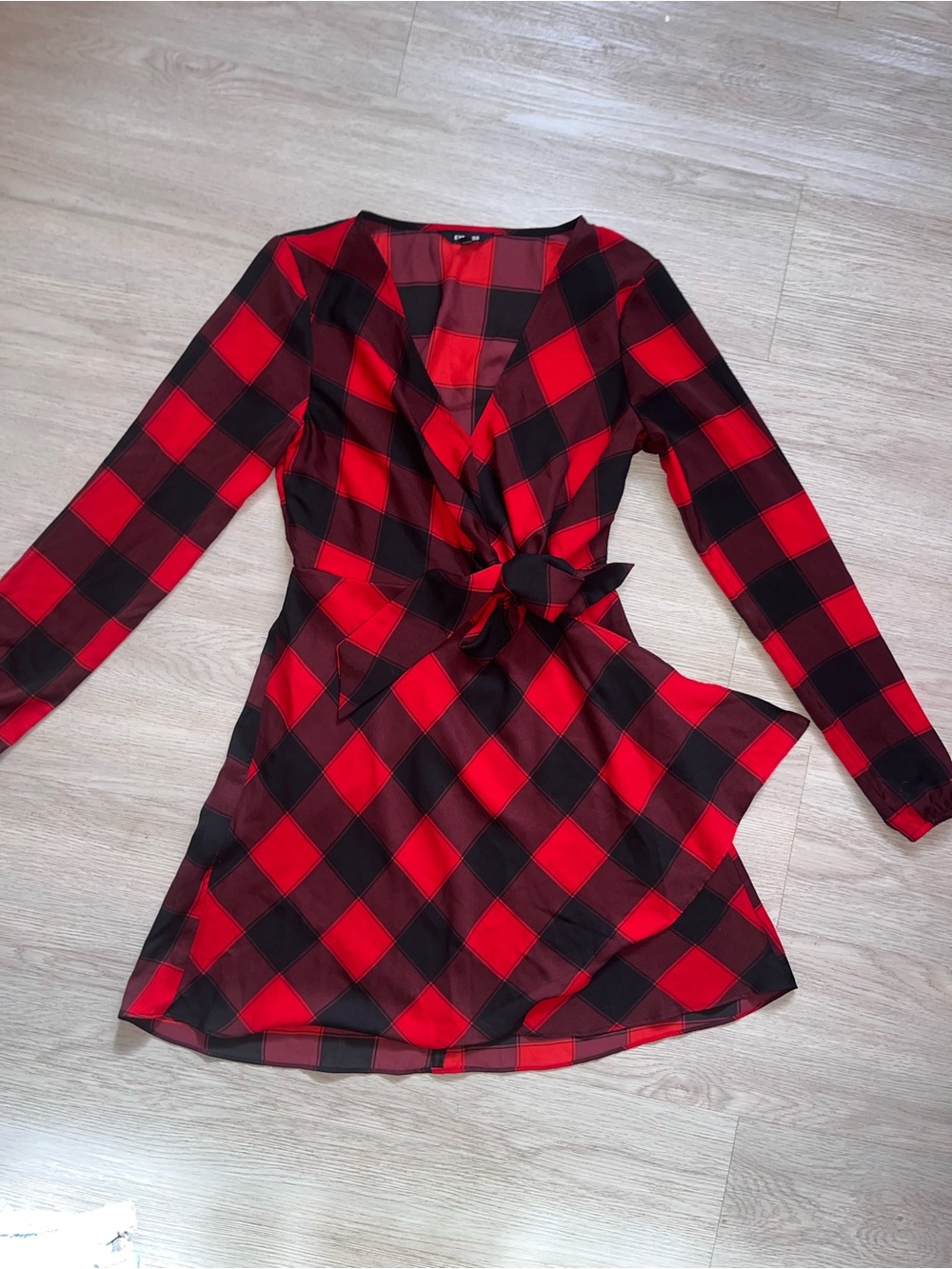 Express Red and Black Checkered Plaid Long Sleeve Wrap Dress XS